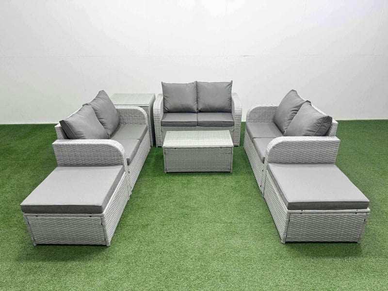 Fimous  8 Seater PE Wicker Rattan Furniture Sofa Sets with Rectangular Coffee Table 2 Seater Love Sofa 2 Big Footstool Side Table Light Grey