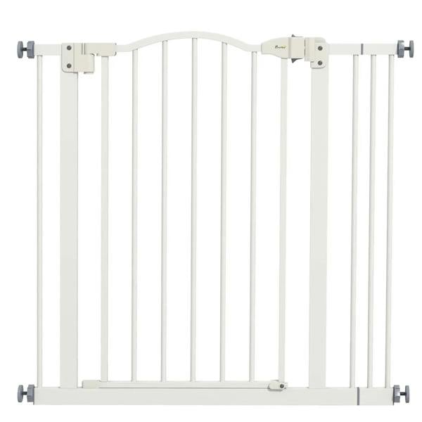 White pet safety gate with vertical bars and latching hardware, adjustable door section