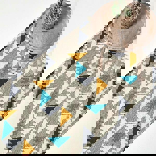 HOMESCAPES Copenhagen Blue, Yellow and Grey 100% Cotton Geometric Style Scandi Printed Rug