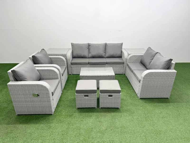 Fimous Light Grey PE Rattan Outdoor Lounge Set - Adjustable Chair, Double Loveseat, Oblong Coffee Table, 2 Stools & 2 Side Tables