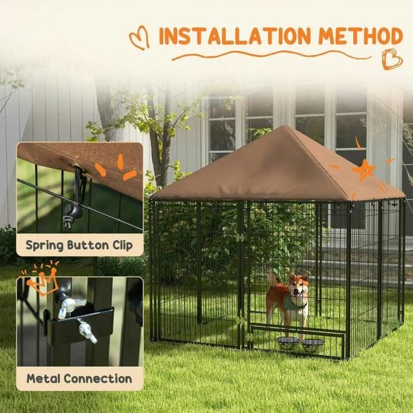 Outdoor dog playpen kennel with brown canopy and metal connecting clips