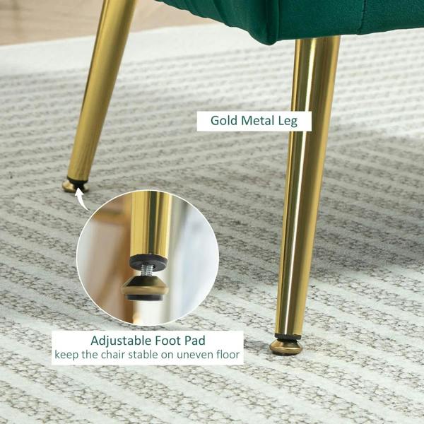Gold metal legs with adjustable foot pads on a green velvet-feel accent chair