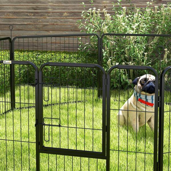Black steel dog playpen with front door gate, small bulldog sitting inside.