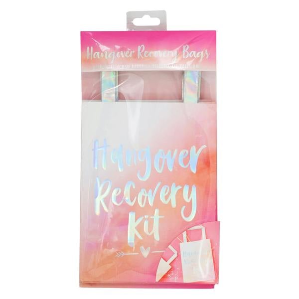 Front view of the retail packaging for the iridescent Hangover Recovery Kit party bags, flat-packed in a clear cellophane wrapper with a pink header card.