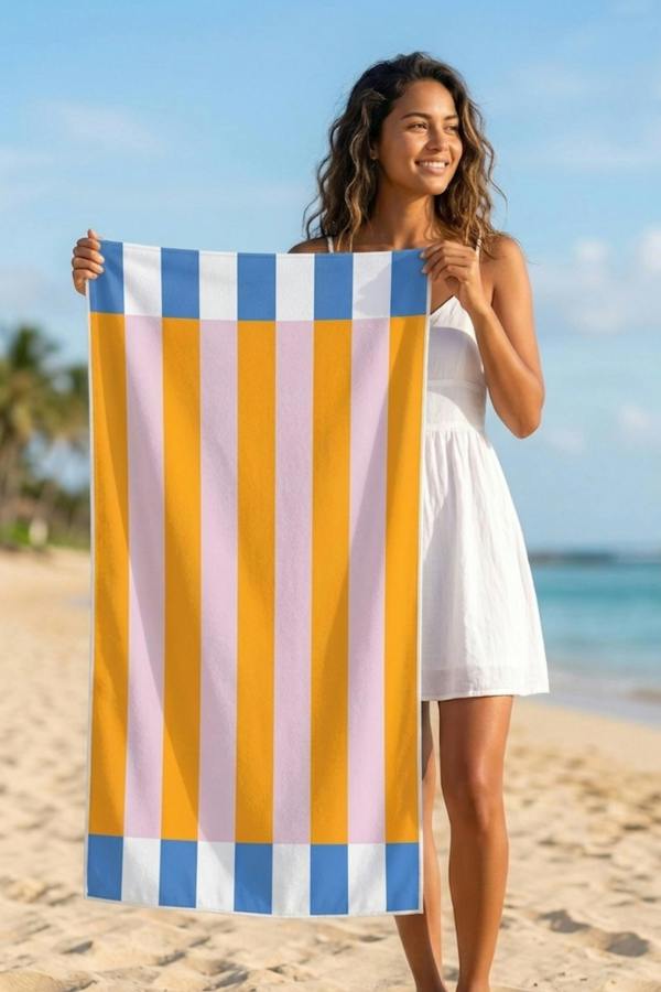 Dyzi Contrasting Stripe Cotton Beach Towel Soft Absorbent 70x152cm