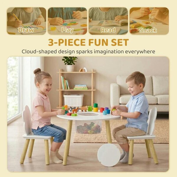 Kids Table and Chairs Set with Storage Bag Toddler Table and Chairs Set 3 Piece for Playroom White