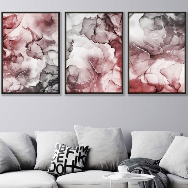 Artze Wall Art Set of 3 Abstract Floral Fluid in Red and Grey Framed Wall Art