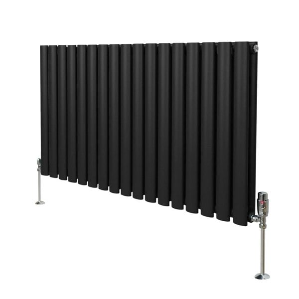 Black oval column radiator with vertical fins, measuring 600mm x 1020mm, featuring sleek design and chrome valves at the base