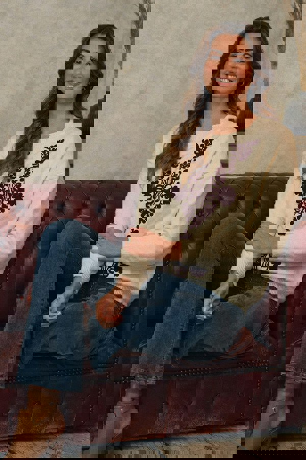 Cream | Embroidered Print Drop Shoulder Jumper ; Model is 5'9"/175 cm and wears UK10/EU38/US6/AUS10