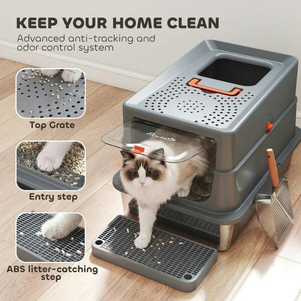 Stainless Steel Cat Litter Tray with Lid, XL 90L Enclosed Cat Litter Box with Step, Scoop, High Side, Dark Grey