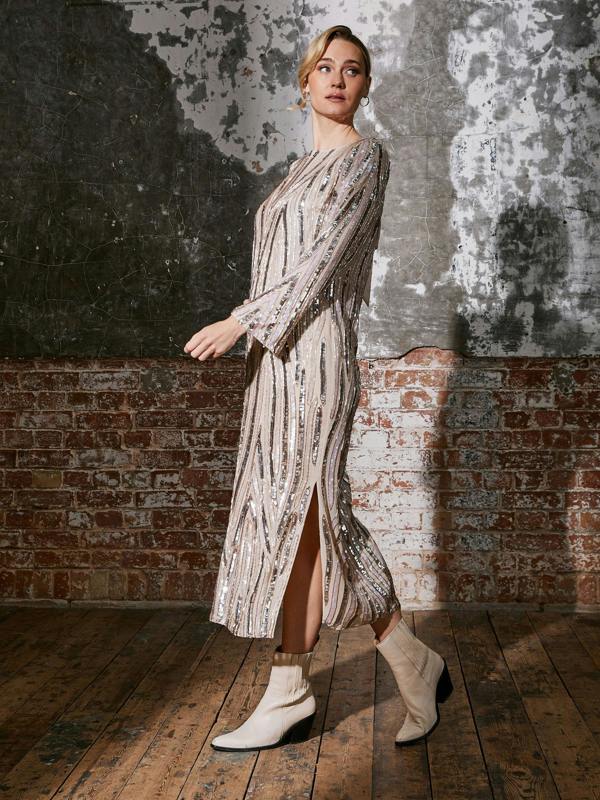 Rose & Nancy Ivory Pearl Beaded Midi Dress