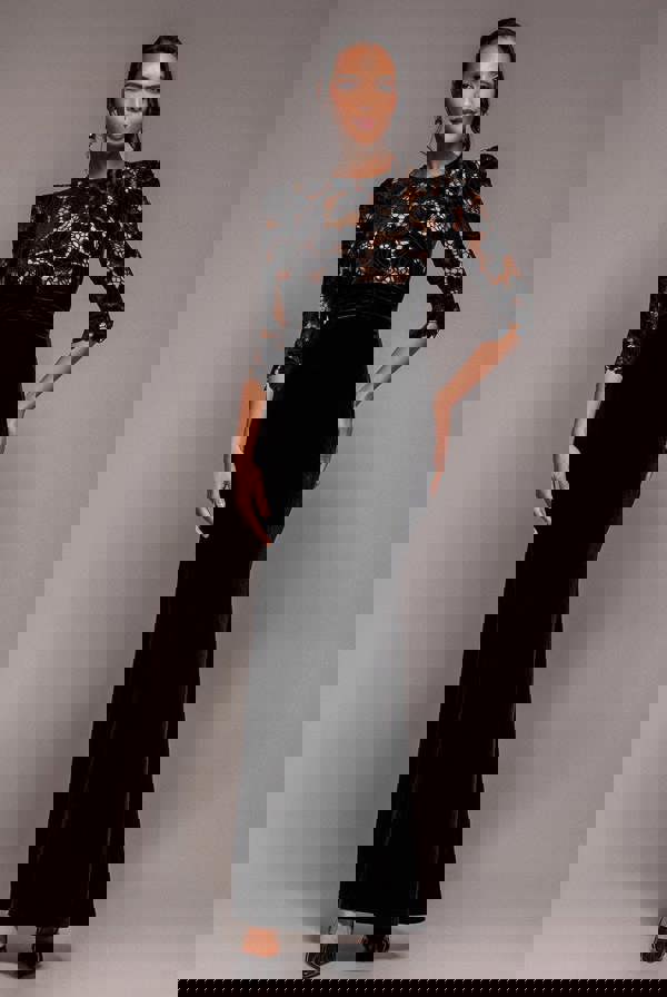 Scalloped Velvet Crochet Maxi Dress - Black DR4386