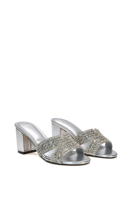 XY LONDON Sparkly Diamante Strappy Mid Block Heeled Sandal Mules