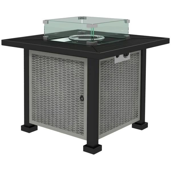 Grey gas fire pit table with square glass top and woven-pattern storage body