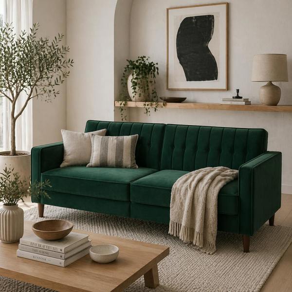 Wyld Haus Babano Forrest Green Velvet 3 Seater Convertible Sofa Bed