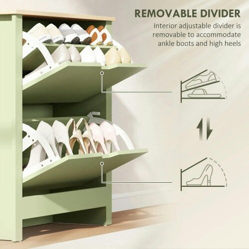 Wyld Haus Wooden Green Slim Shoe Cabinet With 2 Flip Drawers For 12 Pairs