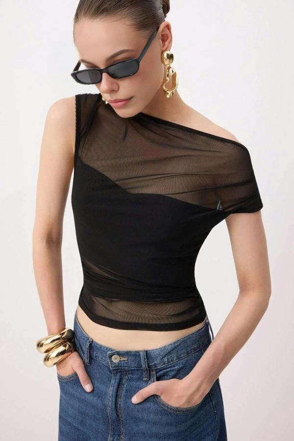 WOVCOR Lined Carmen Neck Knitted Tulle Party Blouse