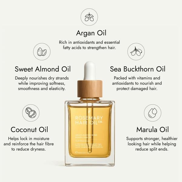 Rosemary hair oil bottle with dropper on a stone surface with natural light. Rosemary hair oil, argan, almond, bond, boost, hair growth, coconut oil, healthier, fuller-looking hair, stimulate, regrowth, hair thinning, natural, 100ml, ingredients