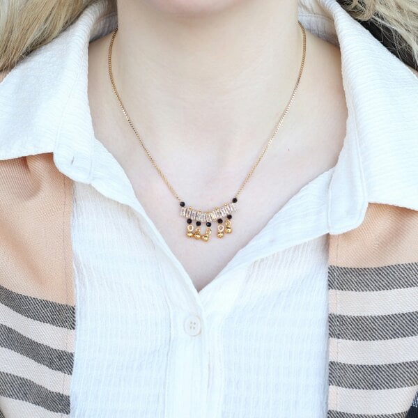 The Colourful Aura Indian Nazarian Gold Mangalsutra Black Bead Zircon Bar Bell Drop Necklace