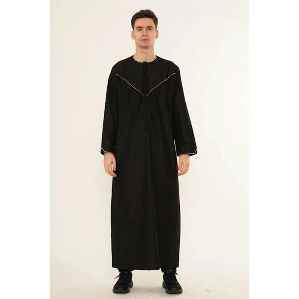 TT-007 - Men's Emirati Omani Gold Embroidery Thobe - Black - Thobez - 18