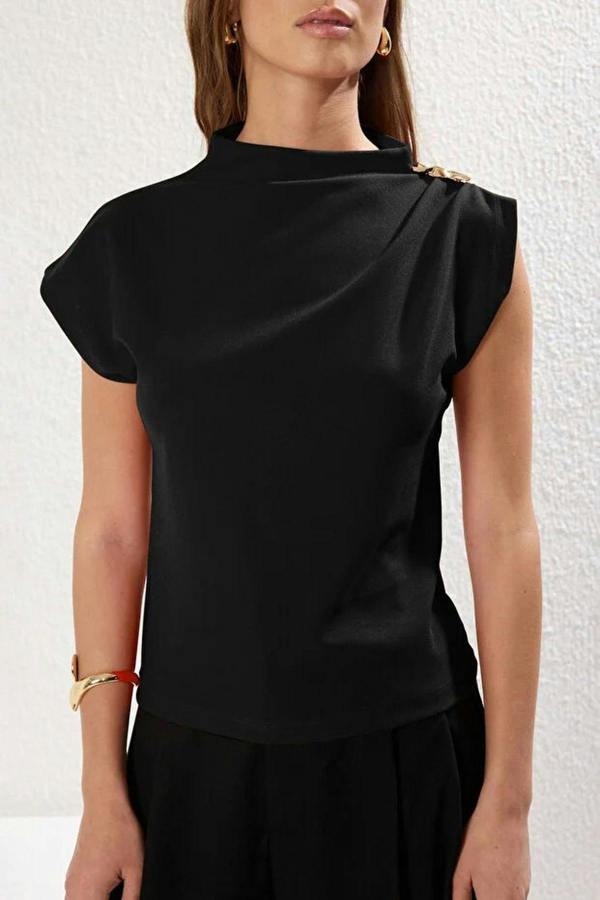 WOVCOR Draped Stretch Knit Blouse with Accessory Detail