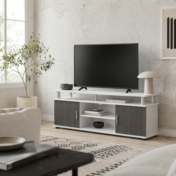 Wyld Haus Mihavi 120cm Wooden Grey And White Media Console With Shelf And Cupboards For TVs Up To 50 Inches