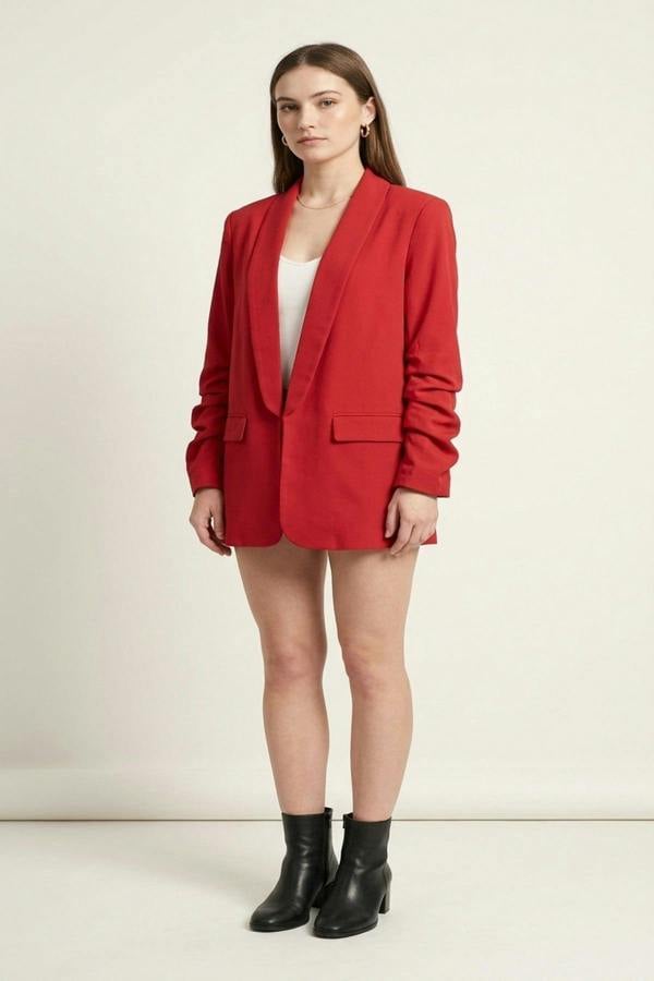 Valerie Ruched Sleeve Open Front Blazer Jacket With Front Pockets - Red