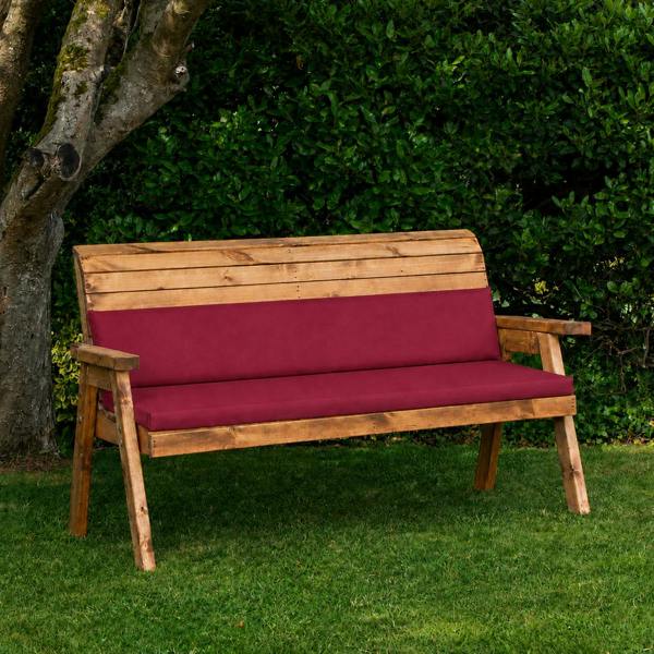 Samuel Alexander Hand Made 3 Seater Chunky Rustic Wooden Garden Bench & Waterproof Burgundy Cushions