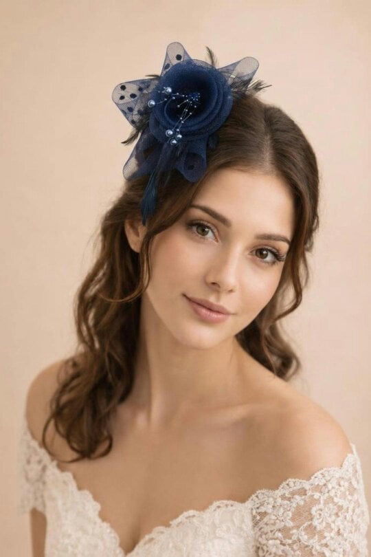 SVNX Rosette Faux Pearl & Polka Veil Feather Fascinator in Navy and Black