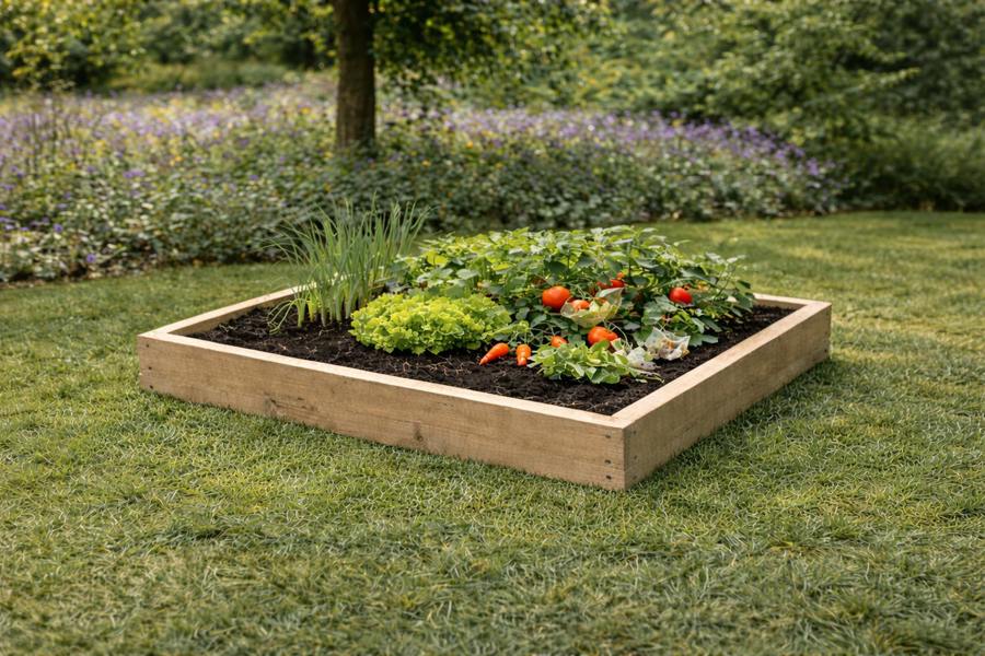 Single height rough sawn wooden raised bed planted with vegetables on lawn