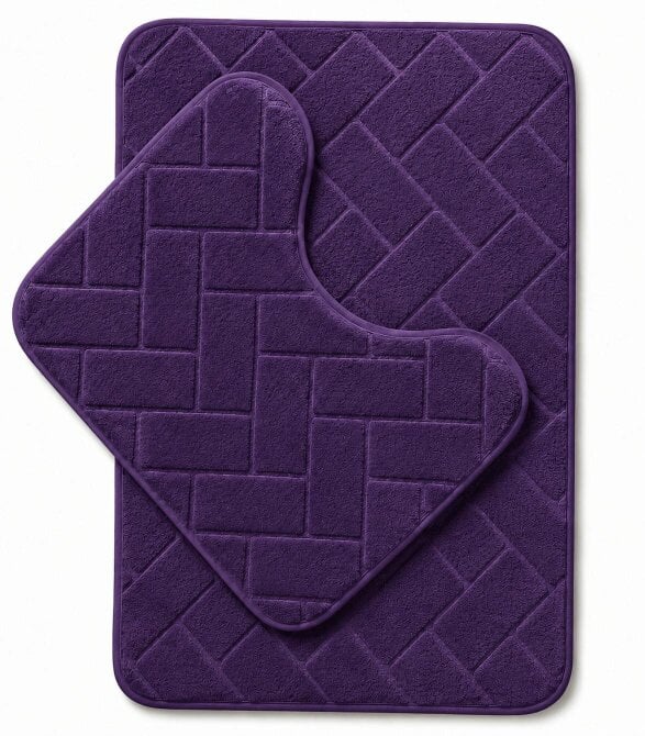 Night Zone Memory Foam Bath Mat Set – Block Bricks Design Non-Slip Bathroom Rug - Plum