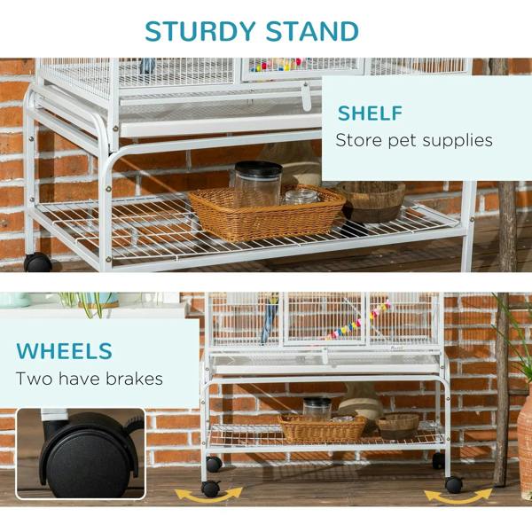 White cage stand with shelf and locking wheels for steady placement