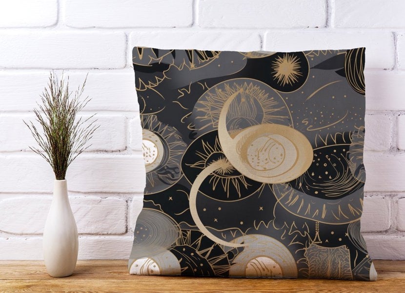 Warren Reed Abstract Silver Gold Sun and Moon Cushions