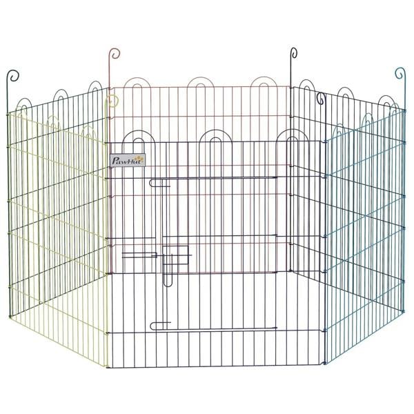 Multi-color metal pet playpen crate with six panels, door opening and latch