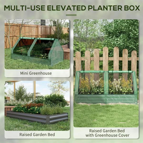 Raised planter box with greenhouse cover, clear panels and green metal mesh frame