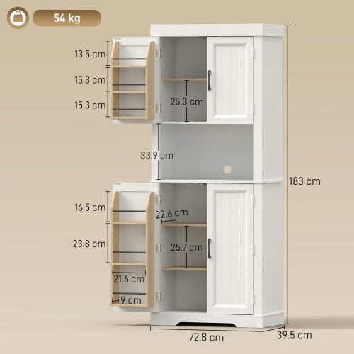 HOMCOM 183 cm Tall Kitchen Cupboard with Door Racks, Kitchen Cabinet, White