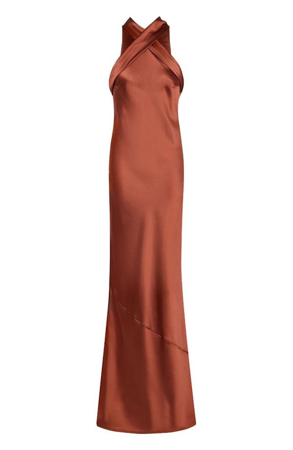 Rewritten London Roma Dress in Cinnamon Satin
