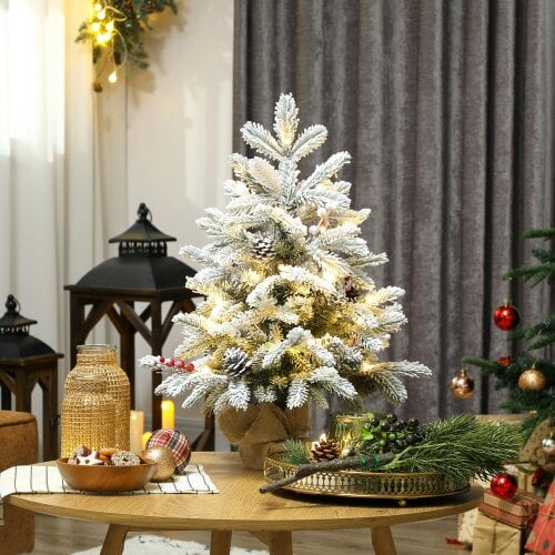 HOMCOM 60 cm Prelit Tabletop Mini Christmas Tree, Flocked Snow Xmas Tree