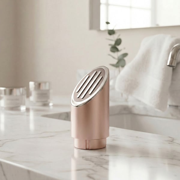 Close-up of the Innocera Platinum Skin Boosting Head with a flat metal treatment surface, displayed in a bathroom setting.