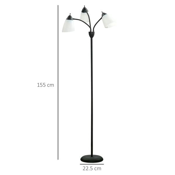 Black floor lamp with three adjustable rotating light heads; 155 cm height shown