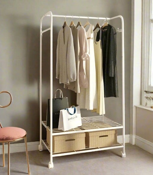 Slim white metal clothes rail garment rack with storage shelves and hooks

