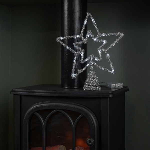 Samuel Alexander 28cm Battery Powered Silver Christmas Star Tree Topper with White Multi-Action LEDs