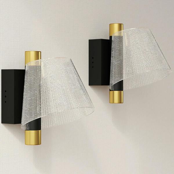 2-pack LED starry wall lamps, black mounts with gold accents and textured glass shades