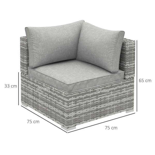 Light grey outdoor rattan corner sofa chair with two back cushions and seat cushion; size marked.
