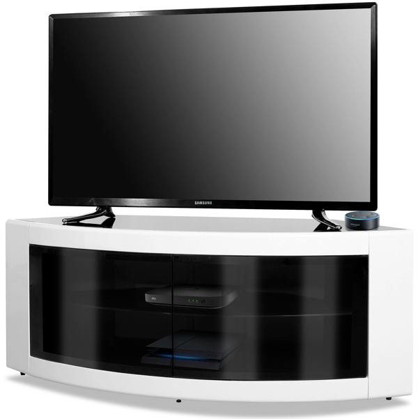 Homeology PANGEA Gloss Black and White Beam-Thru Glass Doors Curved Unit Tru-Corner 32"-50" TV Cabinet
