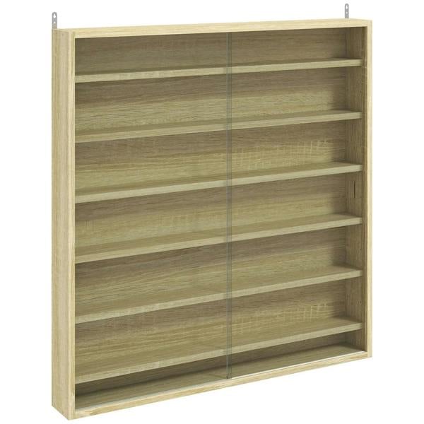 Oak display cabinet with glass doors and six open shelves