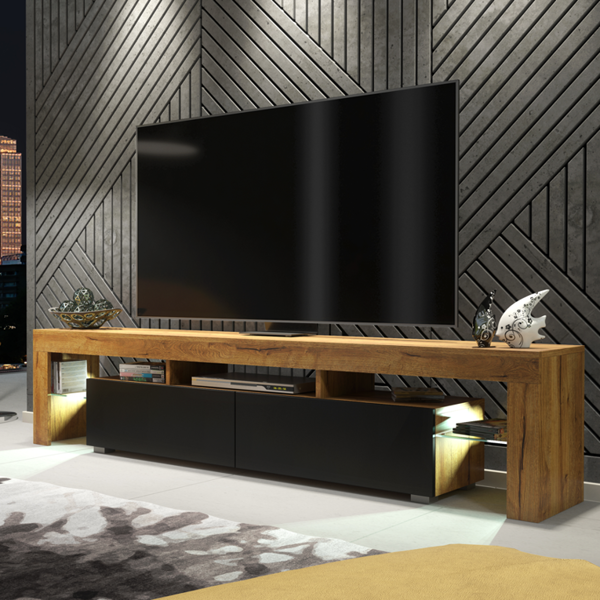 Mex Furniture Sleek 200 cm Modern TV Unit Cabinet Stand Oak Matt Black Doors with Free LED Lights