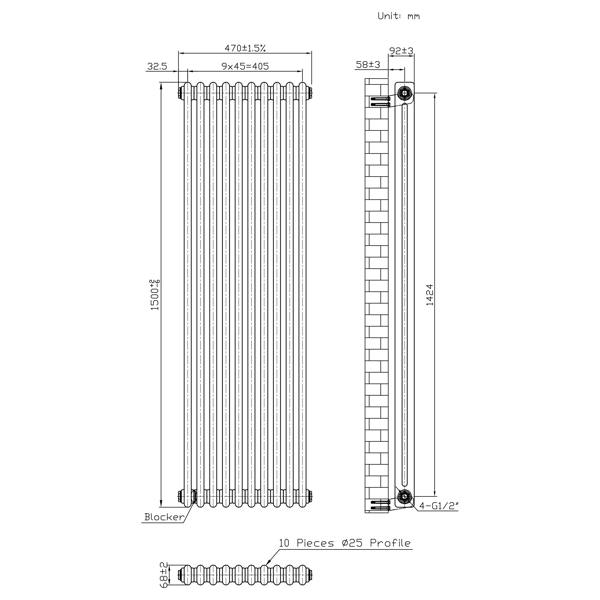 Monstershop Traditional 2 Column Radiator - 1500 x 470mm - Raw Metal