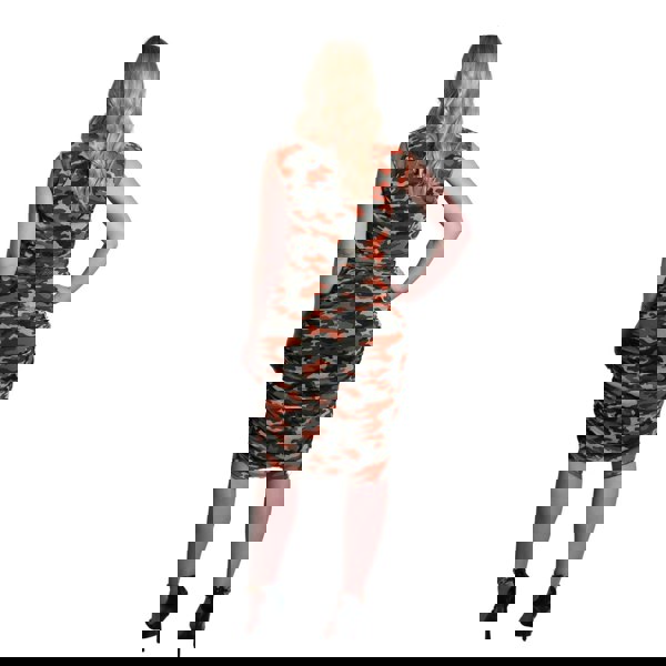 Women's Summer Mid Size Orange Green Grey Camouflage Bodycon Midi Dress shown from the back, styled with black heels a for a modern, stylish look.