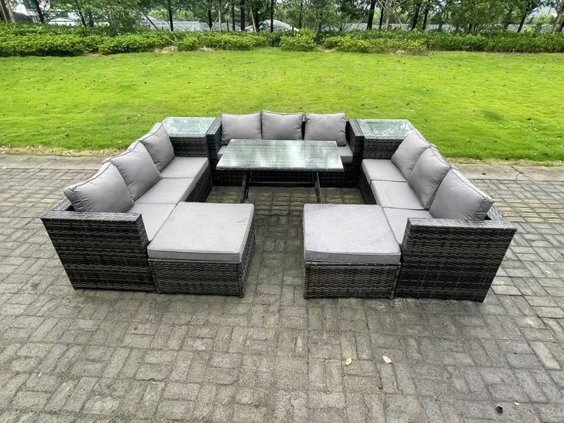 Fimous 11 Seater Wicker PE Rattan Outdoor Furniture Lounge Sofa Garden Dining Set with Dining Table 2 Side Tables 2 Big Footstools Dark Grey Mixed